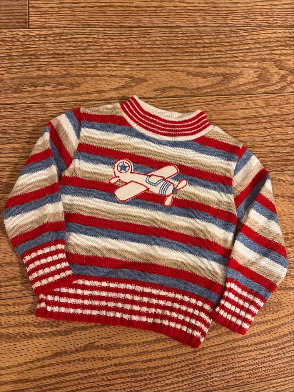 Vintage Doe Spun Airplane Red White Blue Striped Sweater Toddler Size 4